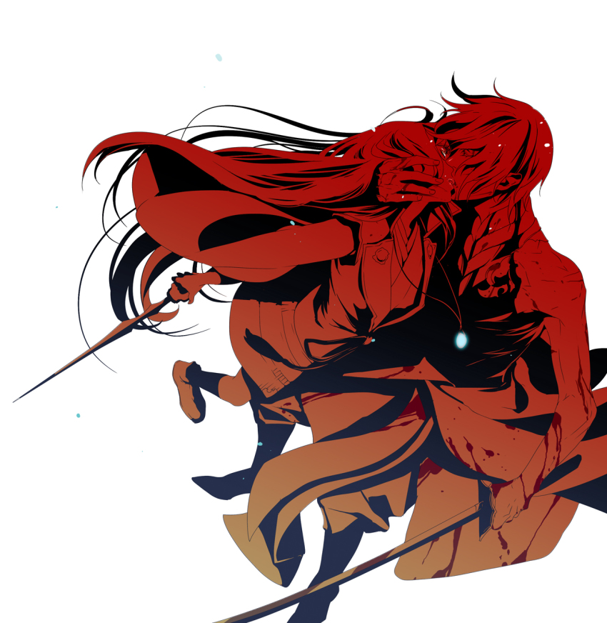 1boy, 1girl, blood, blood_on_clothes, blood_on_face, blood_splatter, closed_eyes, full_body, grabbing_another's_chin, hand_on_another's_chin, harukanaru_toki_no_naka_de, harukanaru_toki_no_naka_de_3, head_tilt, hetero, highres, holding, holding_sword, holding_weapon, imminent_kiss, japanese_clothes, jewelry, kasuga_nozomi, katana, kimono, kimono_skirt, lips, long_hair, monochrome, necklace, npn, red_theme, short_hair, sword, taira_no_tomomori, very_long_hair, weapon