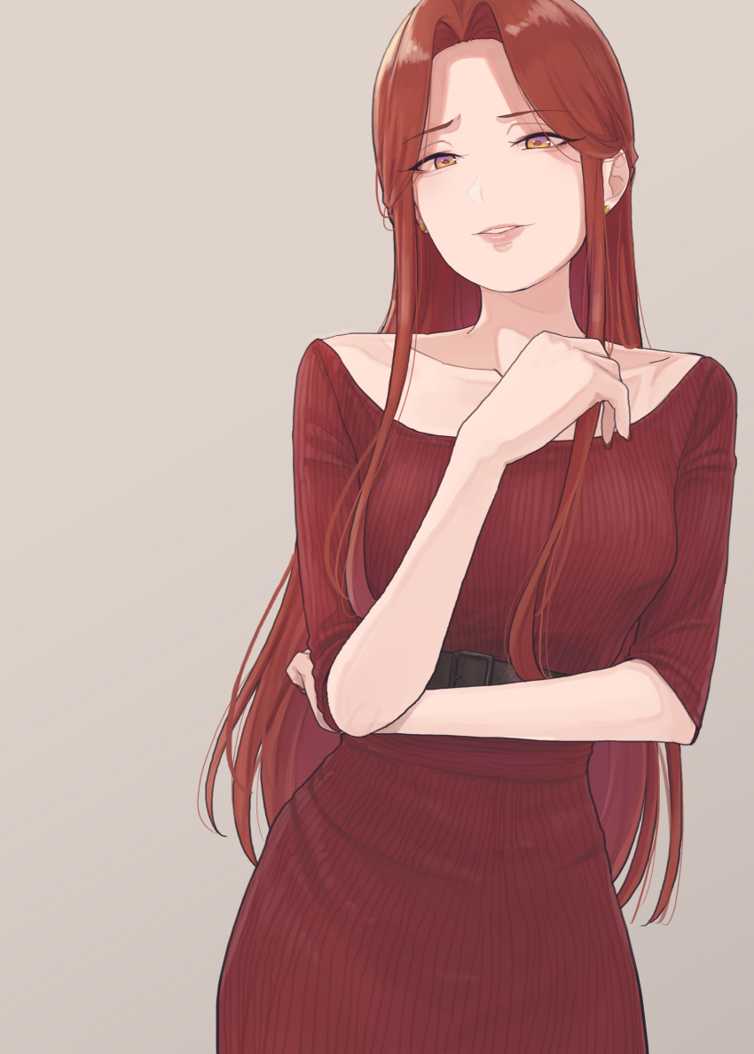 1girl, absurdres, belt, collarbone, contrapposto, earrings, female_focus, hair_intakes