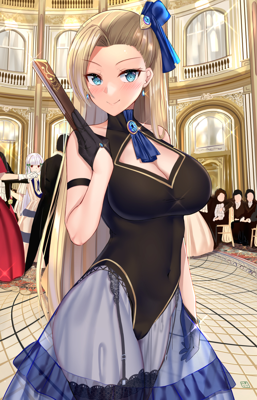 2girls, absurdres, bare_shoulders, black_gloves, black_legwear, black_leotard, blonde_hair, blue_eyes