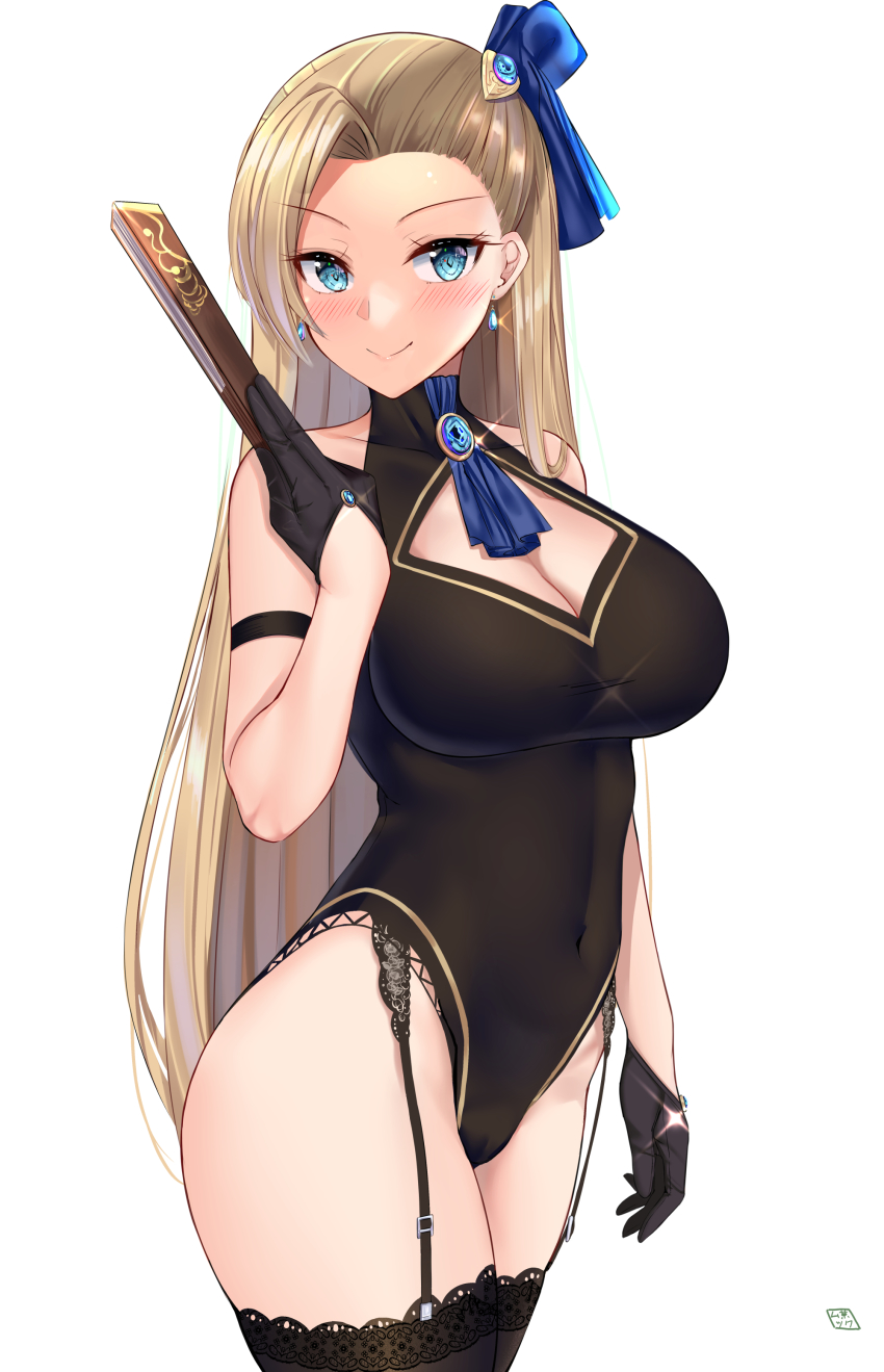1girl, absurdres, bare_shoulders, black_gloves, black_leotard, black_thighhighs, blue_eyes, blush