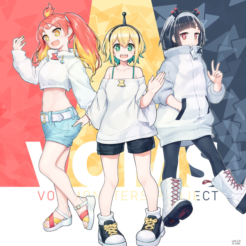 3girls, :d, absurdres, amano_pikamee, amano_pikamee_(1st_costume), aqua_camisole, black_hair, black_legwear