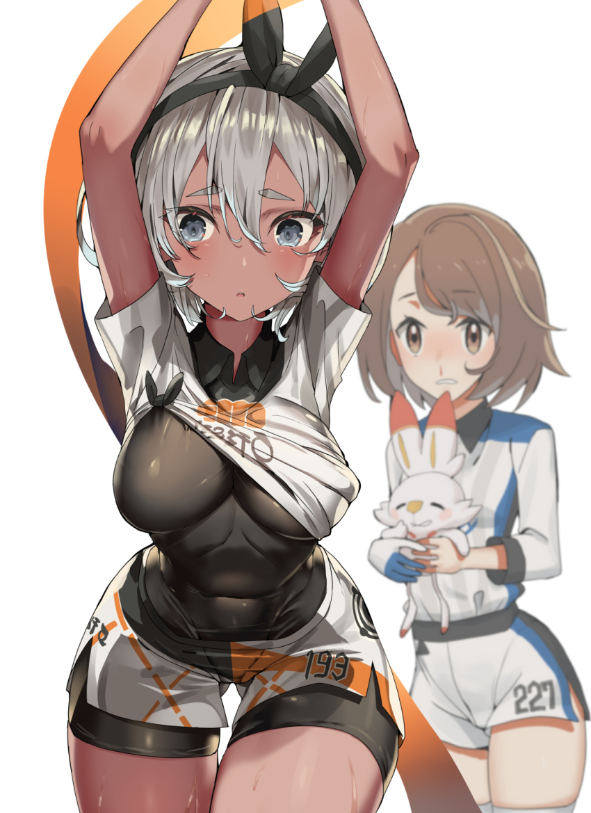 2girls, arms_up, bea_(pokemon), black_bodysuit, black_hairband, blood, bob_cut, bodysuit