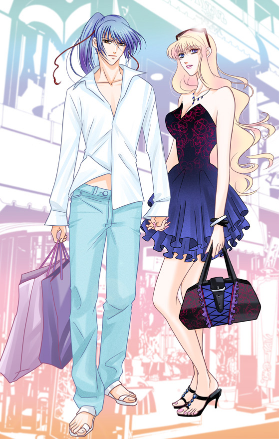 00s, 1boy, 1girl, allegro_andante, arusheri, bare_shoulders, blonde_hair, blue_eyes, blue_hair, bracelet, brown_eyes, couple, dress, holding_hands, hetero, jewelry, legs, long_hair, macross, macross_frontier, necklace, open_shoes, pink_hair, ponytail, saotome_alto, sheryl_nome, shopping, sunglasses