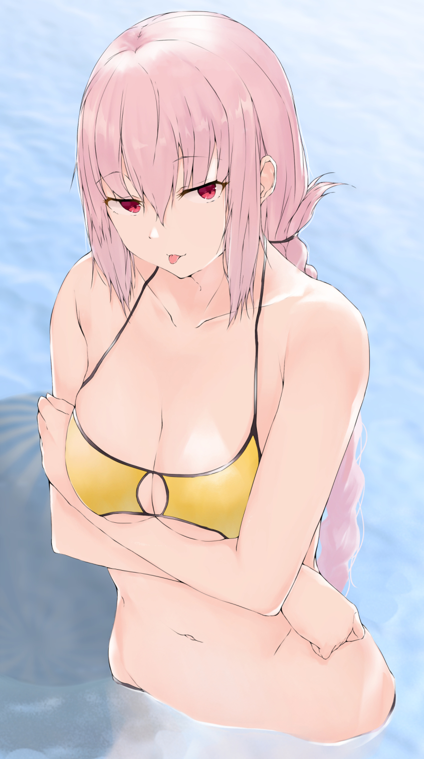 1girl, :3, arms_under_breasts, bare_shoulders, bikini, braid, breasts, chaldea_lifesavers