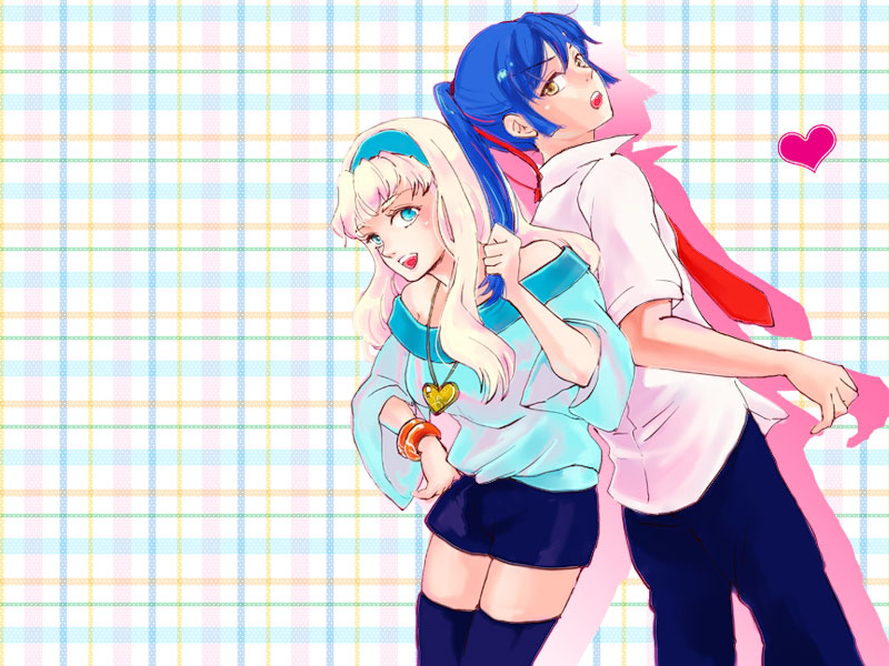 00s, 1boy, 1girl, arusheri, back-to-back, bare_shoulders, blonde_hair, blue_eyes