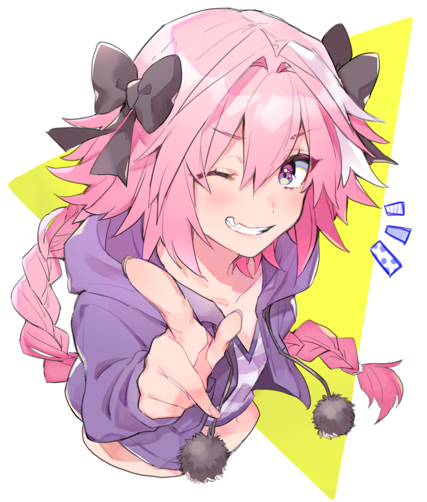 1boy, astolfo_(fate), astolfo_(memories_at_trifas)_(fate), black_bow, bow, cropped_torso, fang, fate/grand_order, fate_(series), grin, hair_bow, highres, hood, hood_down, hooded_jacket, index_finger_raised, jacket, long_braid, long_hair, looking_at_viewer, male_focus, manami_(fearfac666), multicolored_eyes, multicolored_hair, navel, notice_lines, official_alternate_costume, one_eye_closed, pink_hair, pointing, pointing_at_viewer, purple_jacket, purple_shirt, shirt, skin_fang, smile, solo, streaked_hair, striped_clothes, striped_shirt, trap, very_long_hair