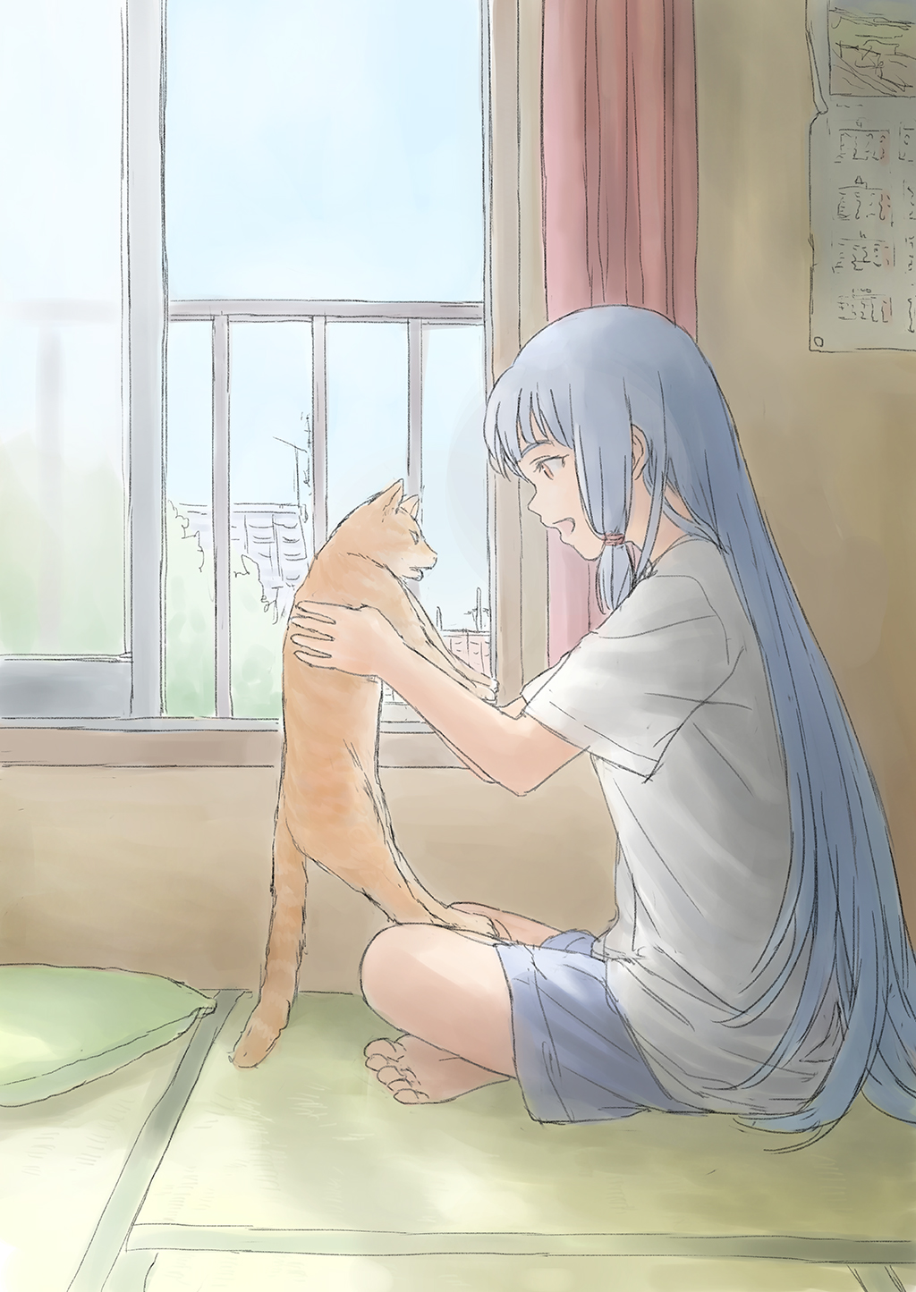 1girl, 1other, alternate_costume, balcony, barefoot, blue_shorts, casual, cat