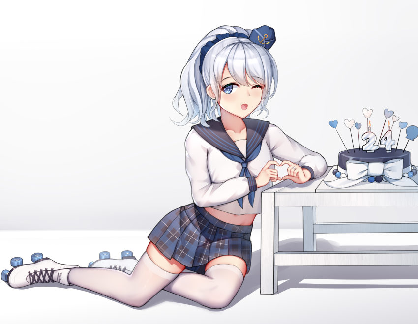 1girl, ;d, absurdres, blue_eyes, blue_neckerchief, blue_skirt, crop_top, female_focus