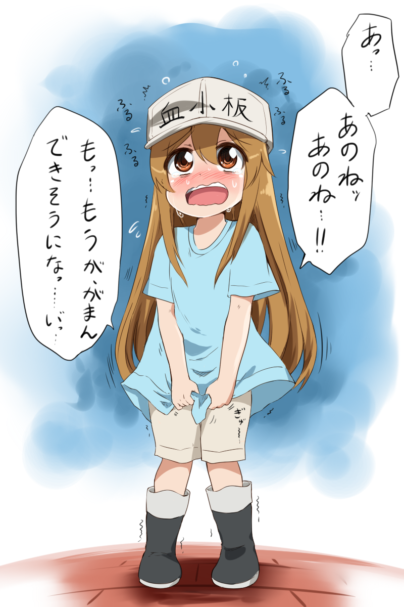 1girl, black_boots, blue_background, blue_shirt, blush, boots, brown_hair, brown_shorts, child, clothes_writing, embarrassed, f09fa4aa, female_focus, flat_chest, flying_sweatdrops, full_body, hat, hataraku_saibou, have_to_pee, highres, japanese_text, knees_together_feet_apart, long_hair, nose_blush, open_mouth, orange_eyes, platelet_(hataraku_saibou), shirt, short_sleeves, shorts, simple_background, solo, speech_bubble, standing, sweat, talking, tears, teeth, text_focus, translation_request, trembling, wavy_mouth