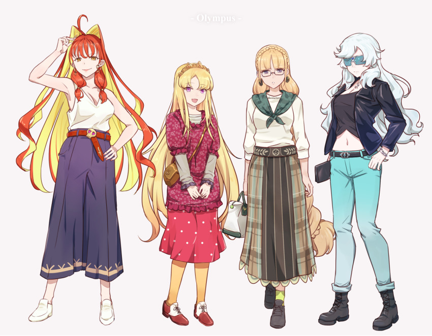 4girls, ahoge, aphrodite_(fate), artemis_(fate), artemis_(terminal)_(fate), bag, bare_shoulders, black_shirt, blonde_hair, blouse, blue-tinted_eyewear, braid, braided_ponytail, breasts, cigarette, cleavage, closed_mouth, collarbone, contemporary, crown_braid, demeter_(fate), earrings, europa_(fate), fate/grand_order, fate_(series), full_body, hair_intakes, hand_on_own_hip, handbag, highres, holding, holding_cigarette, hsin, jewelry, large_breasts, long_hair, long_sleeves, looking_at_viewer, multiple_girls, nail_polish, necklace, open_mouth, orange_eyes, pantyhose, plaid_clothes, plaid_skirt, purple_eyes, red_hair, shirt, shoulder_bag, simple_background, skirt, smile, smoking, sunglasses, sweater, swept_bangs, tiara, tinted_eyewear, very_long_hair, white_hair, white_sweater