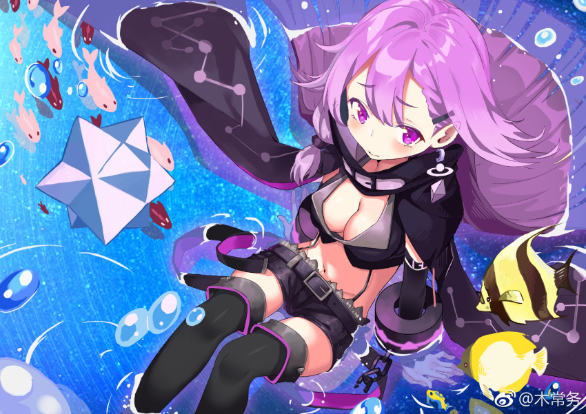 1girl, animal, belt, black_boots, black_shirt, black_shorts, boots, breasts, cleavage, cloak, crop_top, cuffs, earrings, female_focus, fish, forever_7th_capital, from_above, frown, hair_ornament, hairclip, handcuffs, highres, jewelry, kikimi, large_breasts, long_hair, looking_at_viewer, lulu_(forever_7th_capital), midriff, navel, purple_eyes, purple_hair, ripples, shirt, short_shorts, shorts, sitting, sleeveless, sleeveless_shirt, solo, suspenders, thigh_boots, thighhighs, very_long_hair, water