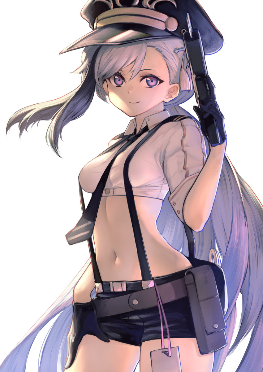 1girl, absurdres, azur_lane, belt, belt_pouch, black_gloves, black_hat, black_shorts