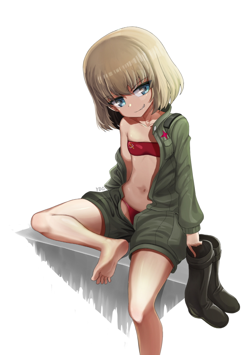 1girl, absurdres, artist_name, barefoot, bikini, black_boots, blonde_hair, blue_eyes, boots, closed_mouth, commentary_request, emblem, fang, female_focus, flat_chest, girls_und_panzer, green_jumpsuit, head_tilt, highres, holding, holding_boots, holding_footwear, holding_unworn_clothes, insignia, jumpsuit, katyusha_(girls_und_panzer), korean_commentary, leg_up, long_sleeves, looking_at_viewer, military, military_uniform, navel, off_shoulder, open_clothes, open_jumpsuit, pravda_(emblem), red_bikini, short_hair, short_jumpsuit, signature, simple_background, sitting, skindentation, smirk, solo, strapless, strapless_bikini, swimsuit, unworn_boots, white_background, ydg_(eorbsaos1004)