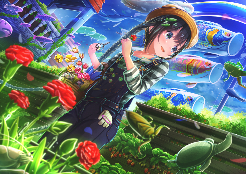 1girl, :d, aiuabo, basket, black_eyes, black_hair, blouse, blue_flower, braid, commentary_request, day, female_focus, fish, fish_hair_ornament, flower, flying_fish, food, frog, fruit, gardening, gloves, hair_ornament, hat, highres, holding, holding_flower, holding_scissors, koinobori, long_hair, long_sleeves, open_mouth, original, outdoors, overalls, plant, red_flower, scissors, shirt, sidelocks, smile, solo, strawberry, striped_clothes, striped_shirt, tadpole, turtle, twin_braids, unworn_gloves, very_long_hair, water_bug, windsock, yellow_flower