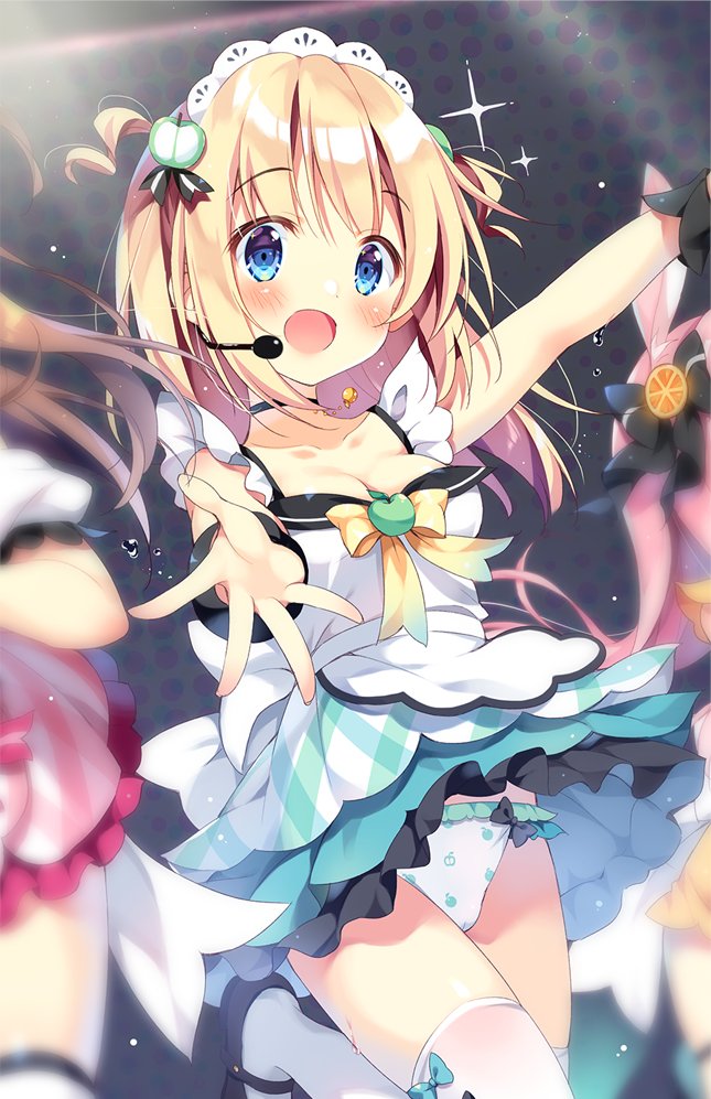 3girls, :d, apple_hair_ornament, apple_panties, apple_print, apron, black_bow, black_footwear