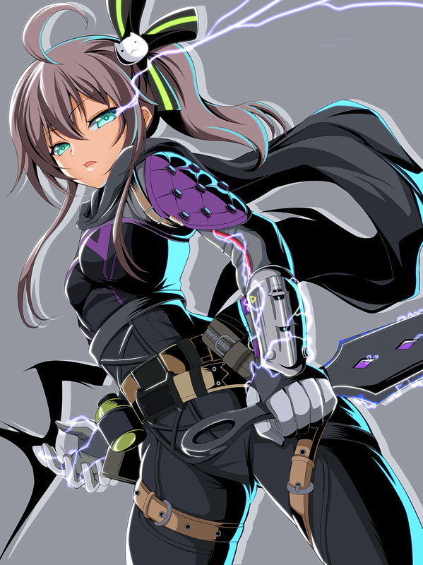 1girl, ahoge, apex_legends, aqua_eyes, arm_guards, belt, belt_pouch, brown_hair