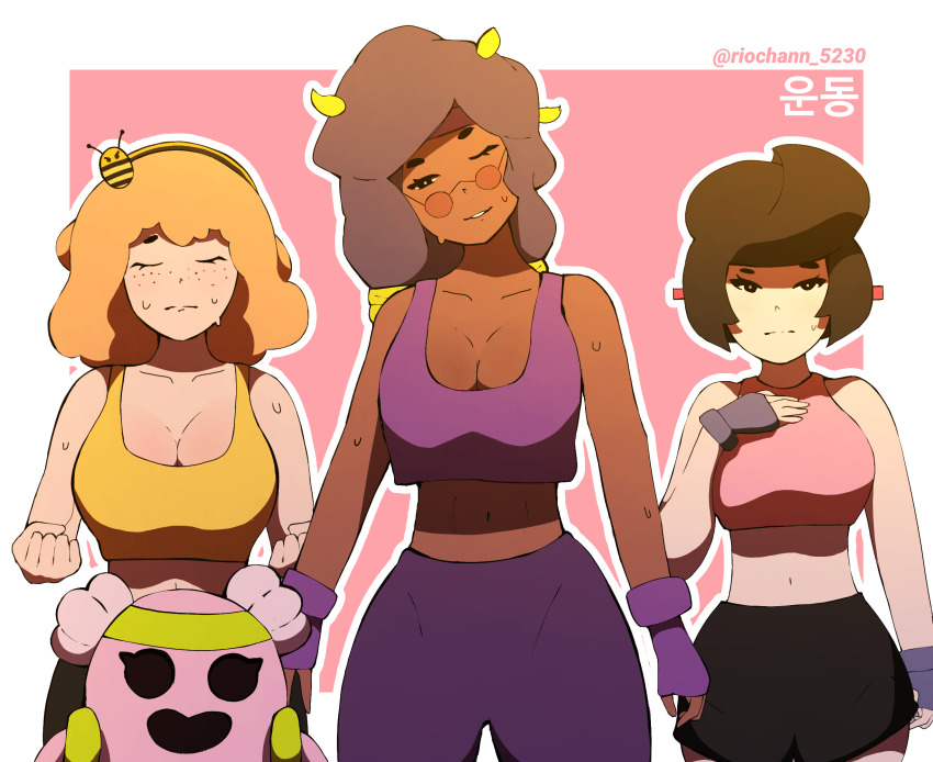 3girls, bea_(brawl_stars), bibi_(brawl_stars), brawl_stars, breasts, cleavage, crop_top, highres, multiple_girls, riochann_5230, rosa_(brawl_stars), spike_(brawl_stars), sports_bra