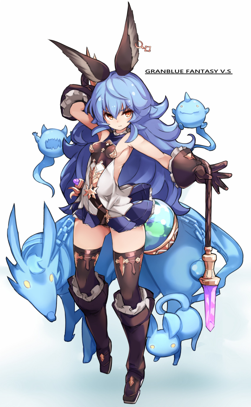 1girl, animal_ears, arm_up, armpits, backless_outfit, beppo_(granblue_fantasy), blue_hair, blue_skirt