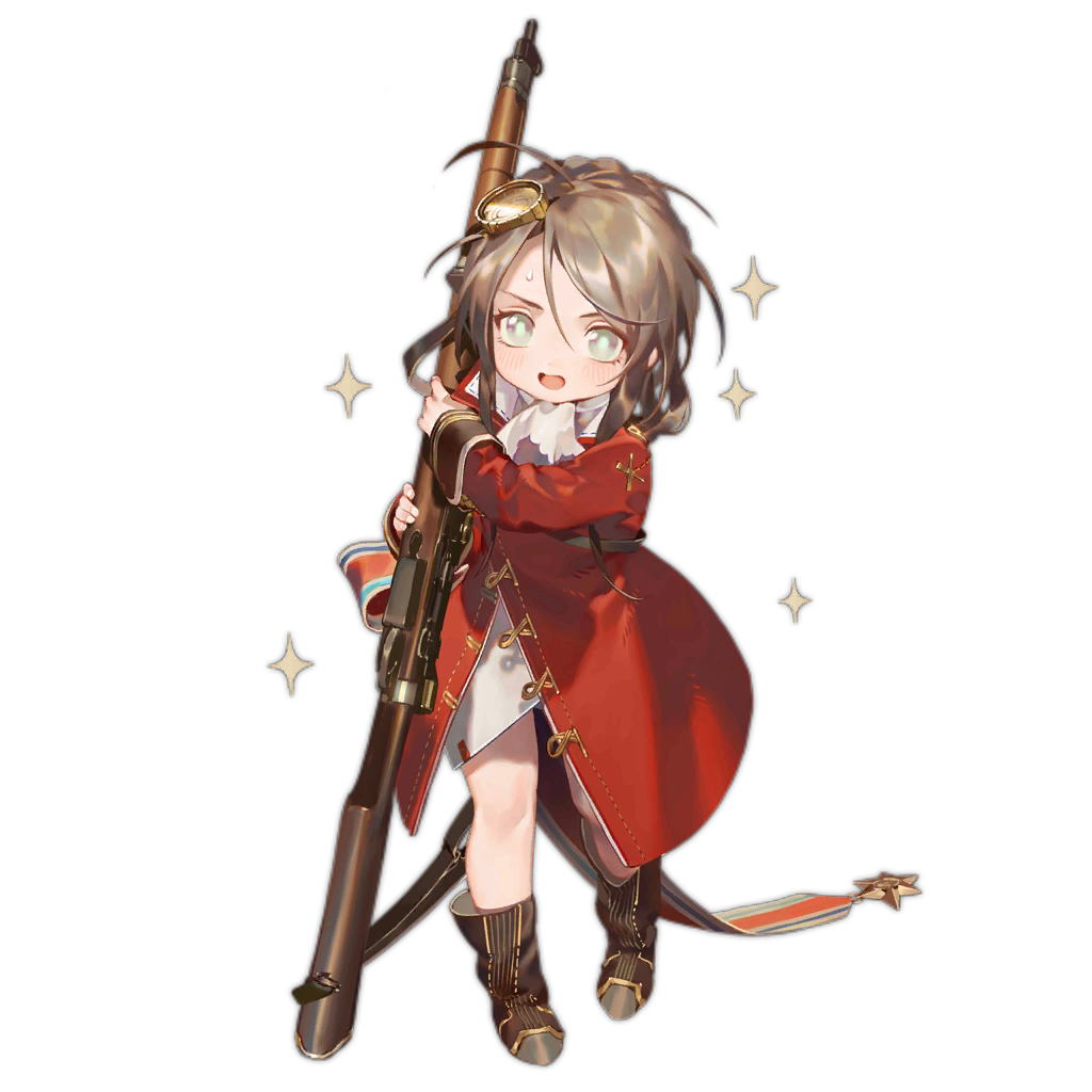 1girl, :o, aged_down, blush, bolt_action, boots, braid, brown_boots, character_name, coat, copyright_name, female_focus, full_body, girls'_frontline, green_eyes, grey_hair, gun, hair_between_eyes, hair_ornament, holding, holding_gun, holding_weapon, lee-enfield, lee-enfield_(girls'_frontline), lee-enfield_(onion_shooter)_(girls'_frontline), long_hair, looking_at_viewer, military, military_uniform, official_alternate_costume, official_art, open_clothes, open_coat, open_mouth, rei_(sanbonzakura), rifle, shadow, solo, sparkle, sweatdrop, transparent_background, v-shaped_eyebrows, weapon