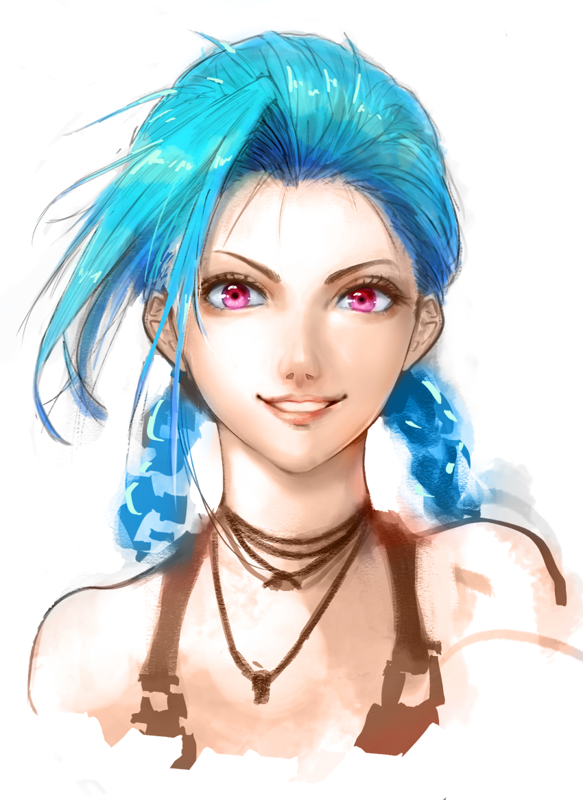 1girl, bare_shoulders, blue_hair, female_focus, highres, iothree7, jewelry, jinx_(league_of_legends), league_of_legends, long_hair, necklace, parted_lips, pink_eyes, portrait, simple_background, sketch, smile, solo, twintails, upper_body, white_background