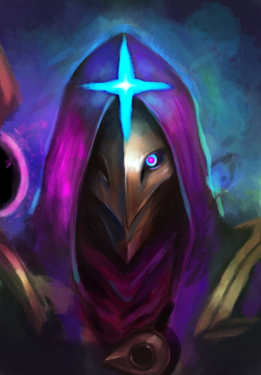 1boy, blue_eyes, dark_cosmic_jhin, glowing, glowing_eye, highres, hood, hood_up