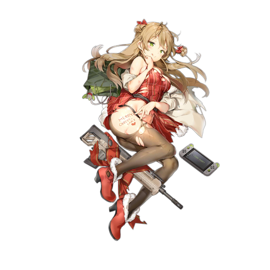 1girl, :q, ;>, anmi, assault_rifle, bag, bare_shoulders, black_panties