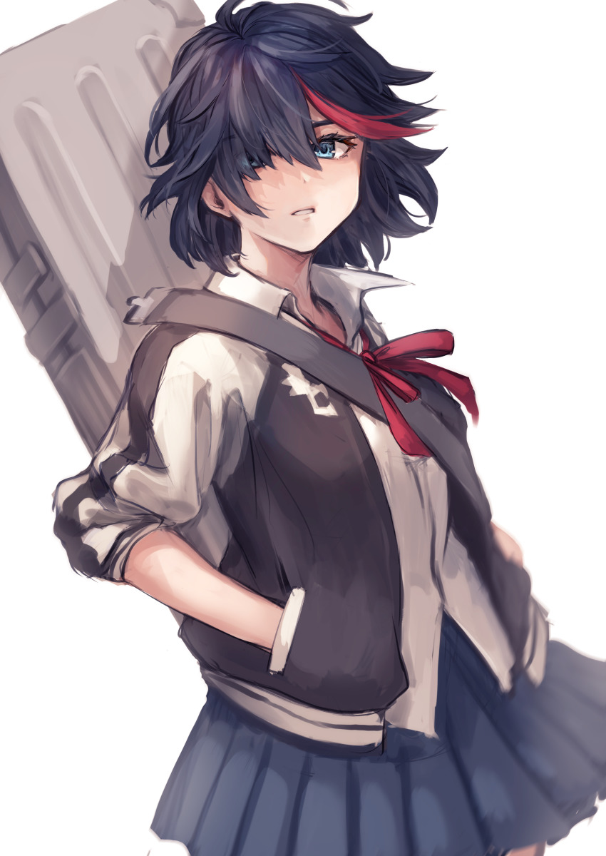 1girl, absurdres, black_hair, black_jacket, blue_eyes, blue_skirt, cowboy_shot, dress_shirt, female_focus, hair_between_eyes, hand_in_pocket, highres, jacket, kill_la_kill, looking_at_viewer, matoi_ryuuko, miniskirt, neck_ribbon, oomura_saki, open_clothes, open_jacket, parted_lips, pleated_skirt, red_ribbon, ribbon, shirt, short_hair, simple_background, skirt, sleeves_rolled_up, solo, standing, white_background, white_shirt