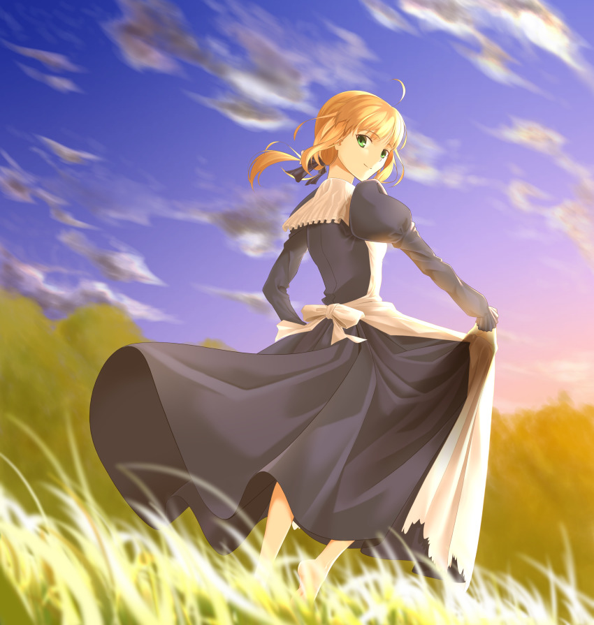 1girl, absurdres, ahoge, apron, artoria_pendragon_(fate), barefoot, blonde_hair, blue_dress
