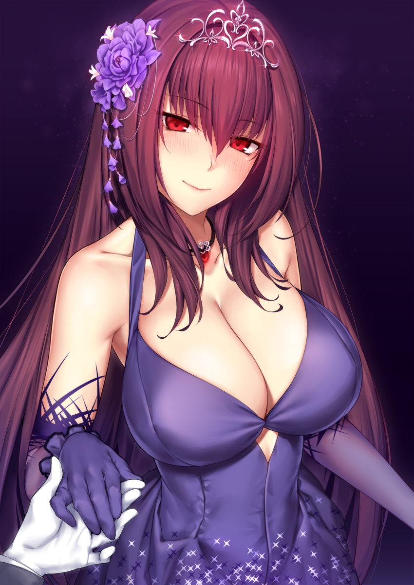 1girl, bare_shoulders, blush, breasts, cleavage, closed_mouth, dress, elbow_gloves, fate/grand_order, fate_(series), flower, gloves, hair_between_eyes, hair_flower, hair_ornament, heroic_spirit_formal_dress, highres, holding_hands, jewelry, large_breasts, long_hair, looking_at_viewer, lun7732, necklace, pendant, purple_background, purple_dress, purple_gloves, purple_hair, red_eyes, scathach_(fate), scathach_(formal_dress)_(fate), smile, tiara