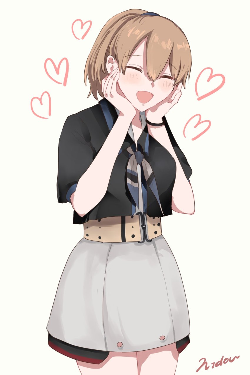 1girl, black_shirt, blue_eyes, brown_hair, closed_eyes, commentary_request, cowboy_shot, female_focus