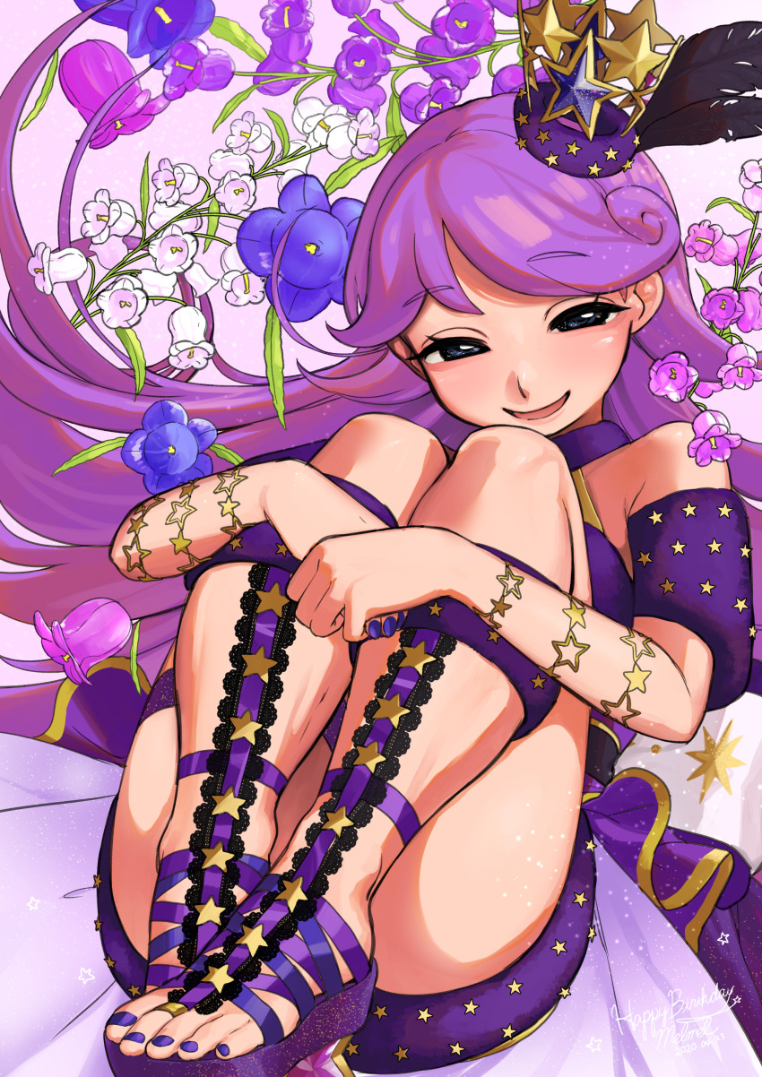 1girl, :d, absurdres, bare_shoulders, blue_eyes, crown, female_focus, flower, highres, kiratto_pri_chan, knees_to_chest, long_hair, looking_at_viewer, lying, nail_polish, on_back, open_mouth, pretty_series, purple_hair, purple_nails, sandals, shido_mel, smile, solo, toes, ushikousen, very_long_hair