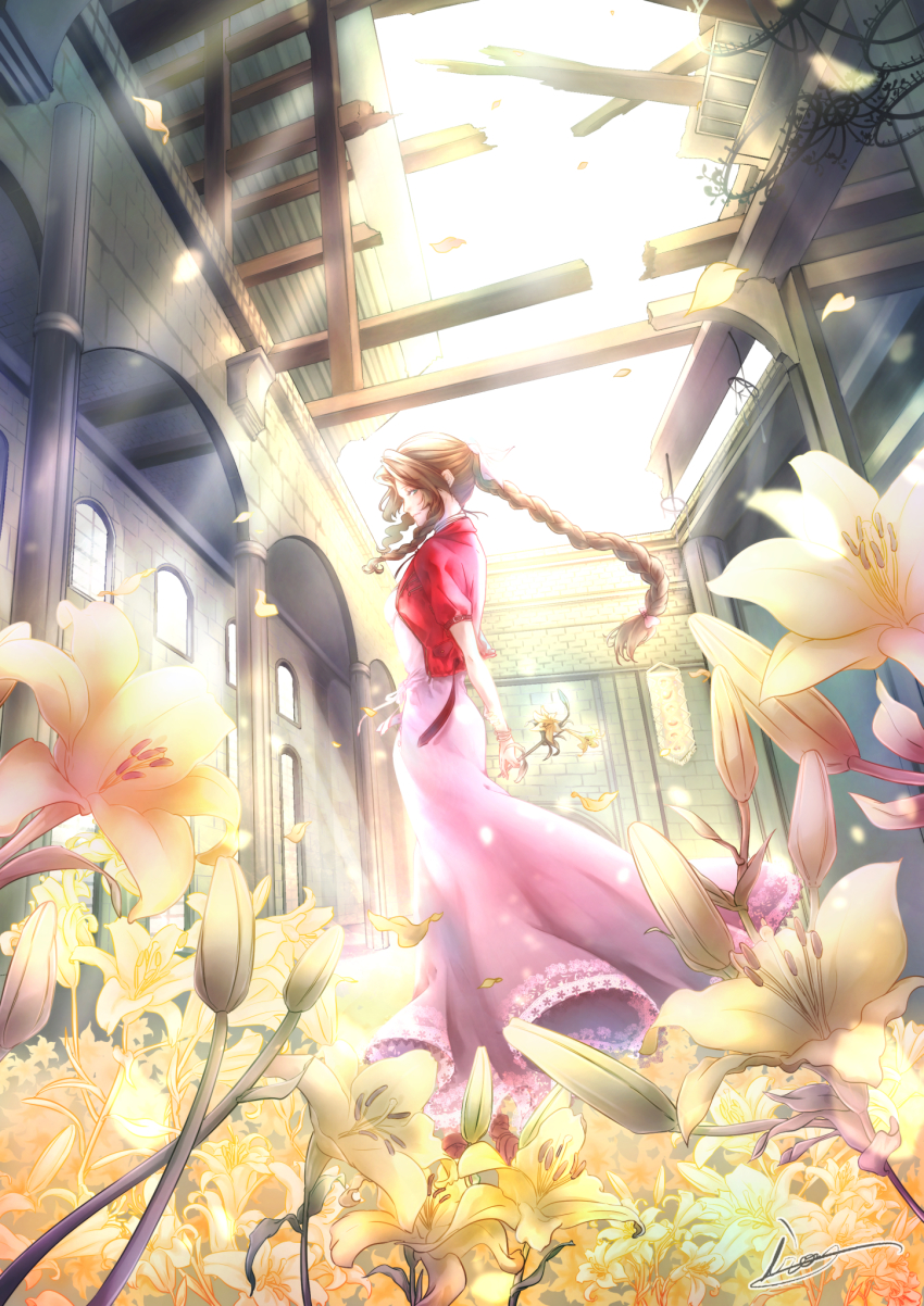 1girl, aerith_gainsborough, arcade_(architecture), arch, bow, braid, braided_ponytail, brown_hair, church, cropped_jacket, dress, female_focus, final_fantasy, final_fantasy_vii, final_fantasy_vii_remake, flower, green_eyes, highres, holding, holding_flower, indoors, jacket, long_braid, long_hair, looking_at_viewer, looking_to_the_side, moriiiiiiiiiinn, open_roof_top, petals, pink_bow, pink_dress, red_jacket, single_braid, solo, sunlight
