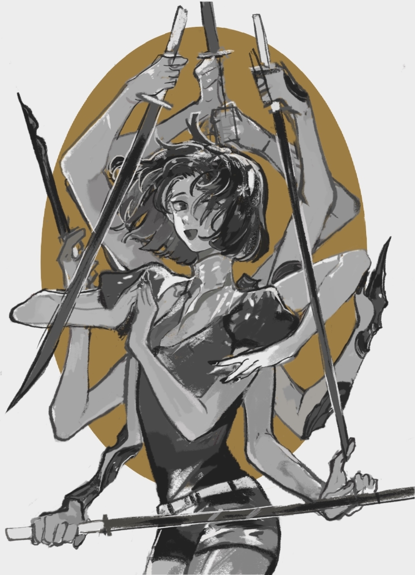 1other, :d, amputee, androgynous, arms_up, bare_arms, belt, black_eyes