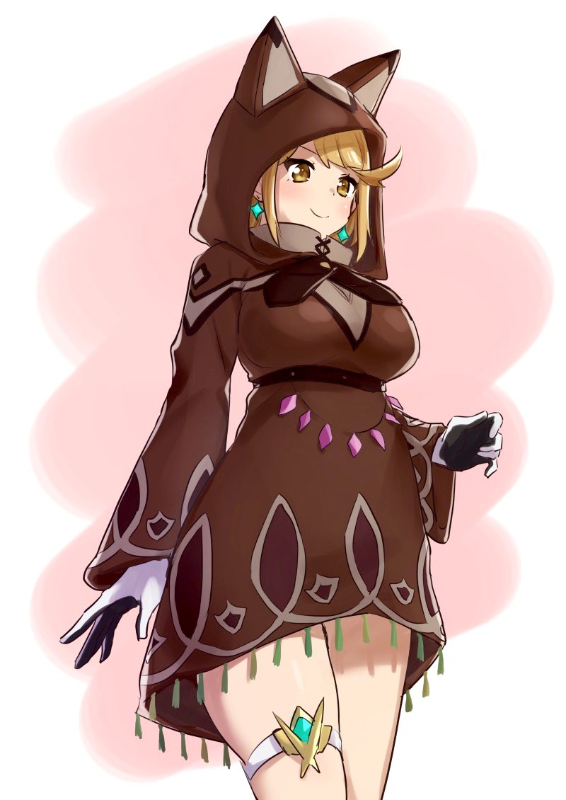 1girl, alternate_costume, animal_hood, bad_id, bad_twitter_id, blonde_hair, blush, breasts