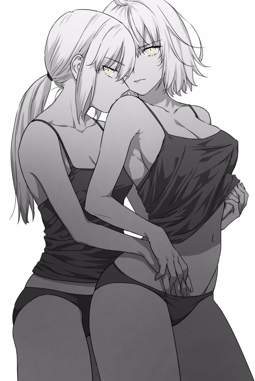 2girls, ahoge, artoria_pendragon_(fate), braid, breasts, cleavage, closed_mouth, cowboy_shot