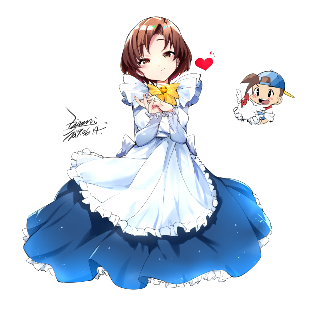 1boy, 1girl, bird, blush, bokujou_monogatari, bokujou_monogatari:_harvest_moon, bow, breasts, brown_eyes, brown_hair, chicken, closed_mouth, dress, ejami, elli_(bokujou_monogatari), looking_at_viewer, open_mouth, pete_(bokujou_monogatari), short_hair, simple_background, smile, white_background