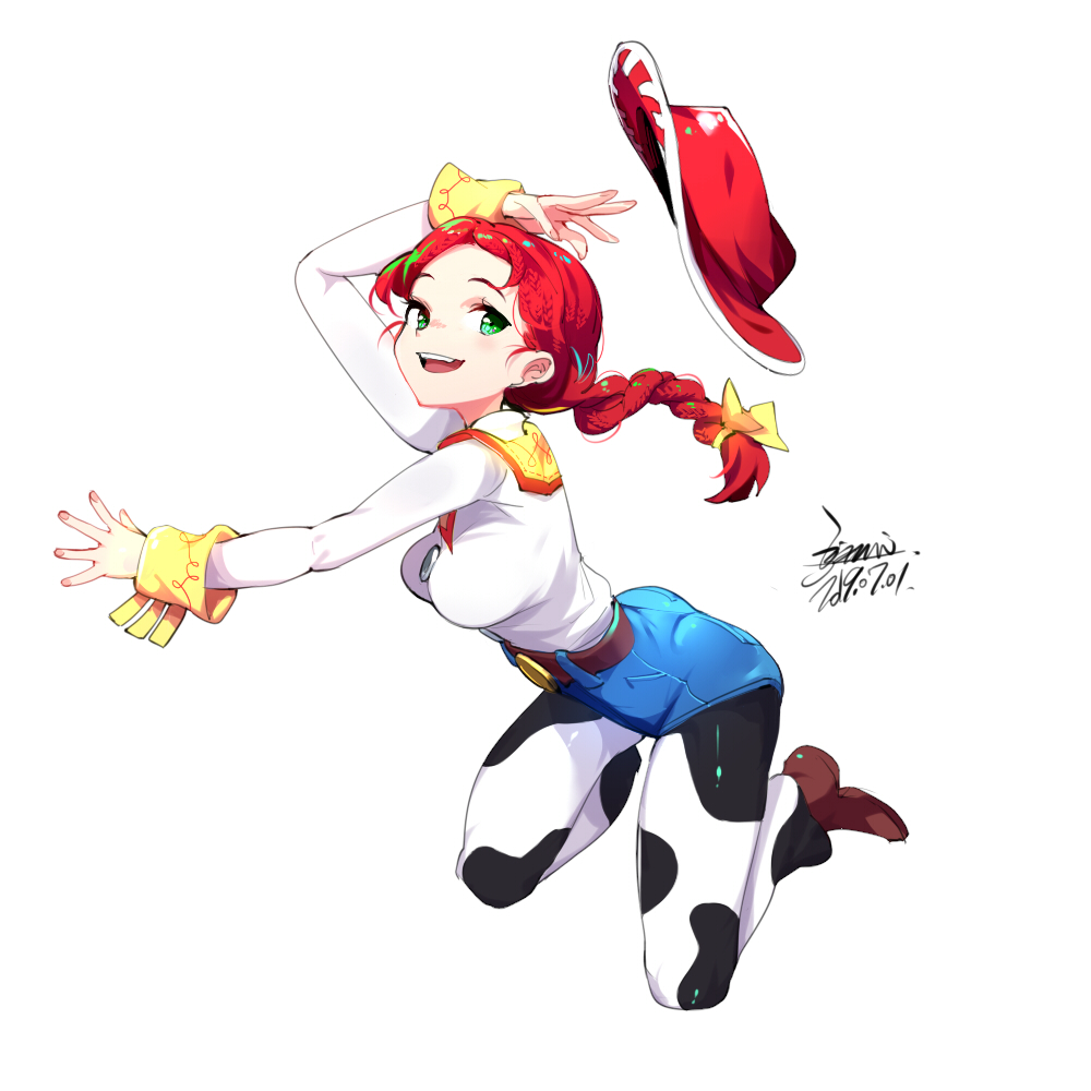 1girl, boots, braid, breasts, cowboy_boots, cowboy_hat, cowboy_western, cowgirl_(western), ejami, female_focus, green_eyes, hat, jessie_the_yodeling_cowgirl, long_hair, looking_at_viewer, red_hair, simple_background, single_braid, smile, solo, toy_story, toy_story_2, white_background