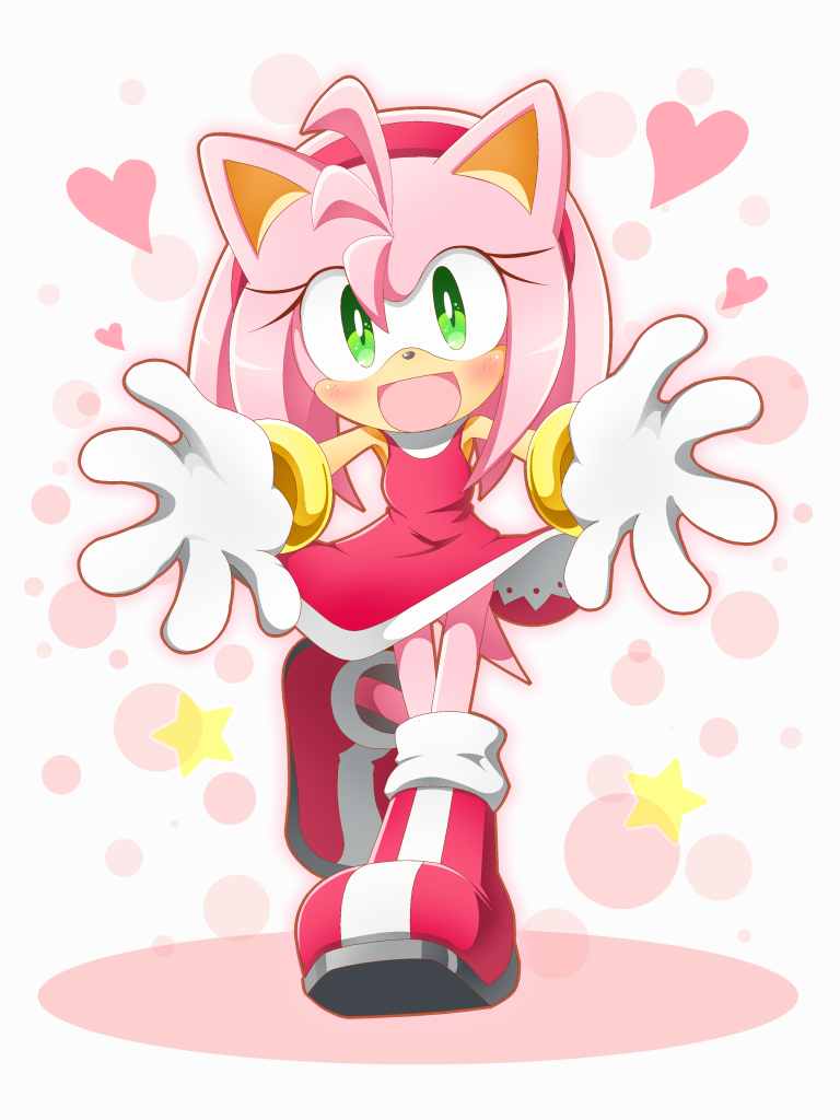 1girl, :d, amy_rose, animal_ears, animal_nose, blush, boots, bracelet, dress, eyelashes, female_focus, full_body, furry, furry_female, gloves, green_eyes, hairband, heart, heart_print, hedgehog, jewelry, leg_up, looking_at_viewer, neru_(neruneruru), open_mouth, outline, outstretched_arms, pink_hair, pink_hairband, short_tail, smile, solo, sonic_(series), star_(symbol), star_print, tail