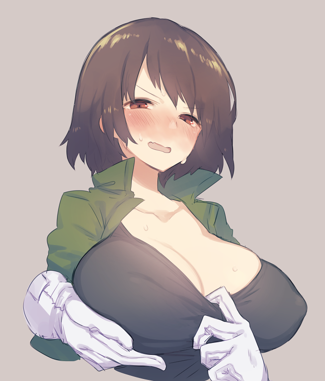 1boy, 1girl, aged_up, alternate_breast_size, bad_id, bad_pixiv_id, blush, breasts, brown_eyes, brown_hair, chara_(undertale), closed_mouth, gloves, huge_breasts, open_mouth, oshiruko_(tsume), shirt, short_hair, simple_background, underswap, undertale, upper_body, utdr_(toby_fox), white_gloves