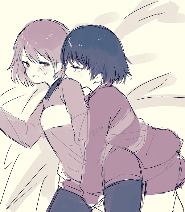 2others, androgynous, bad_id, blush, chara_(undertale), frisk_(undertale), greyscale, monochrome, multiple_others, open_mouth, oshiruko_(tsume), pantyhose, shirt, short_hair, shorts, sketch, smile, striped_clothes, striped_shirt, striped_sweater, sweater, underswap, undertale, unusually_open_eyes, utdr_(toby_fox)
