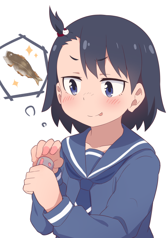 black_hair, blue_eyes, blush, cat_hair_ornament, chum, fish, fish_(food), fried_fish