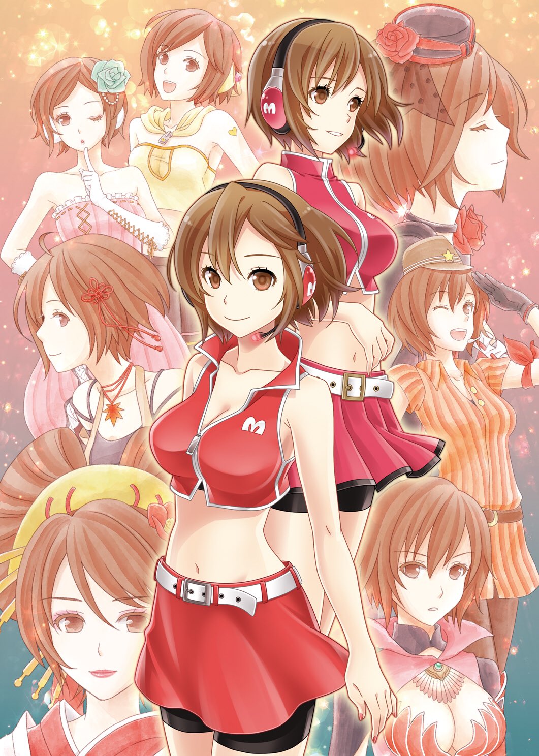 1girl, bare_shoulders, belt, bike_shorts, black_gloves, breasts, brown_eyes, brown_hair, collarbone, commentary, cowboy_shot, crop_top, detached_collar, dress, elbow_gloves, finger_to_mouth, frilled_dress, frills, gloves, hair_ornament, hairpin, highres, index_finger_raised, japanese_clothes, kanzashi, kirita_asami, lipstick, looking_at_viewer, looking_to_the_side, makeup, medium_breasts, meiko_(blazing)_(vocaloid), meiko_(cabin_attendant)_(vocaloid), meiko_(cheerful)_(vocaloid), meiko_(rei_no_sakura_benitsubaki)_(vocaloid), meiko_(sexy_pudding)_(vocaloid), meiko_(vocaloid), meiko_(vocaloid3), miniskirt, multiple_views, one_eye_closed, orange_shirt, pink_dress, red_shirt, red_skirt, salute, shirt, short_hair, shorts, shorts_under_skirt, skirt, smile, song_request, star_(symbol), strapless, strapless_dress, striped_clothes, striped_shirt, tassel, vocaloid, white_gloves, yellow_dress, zipper