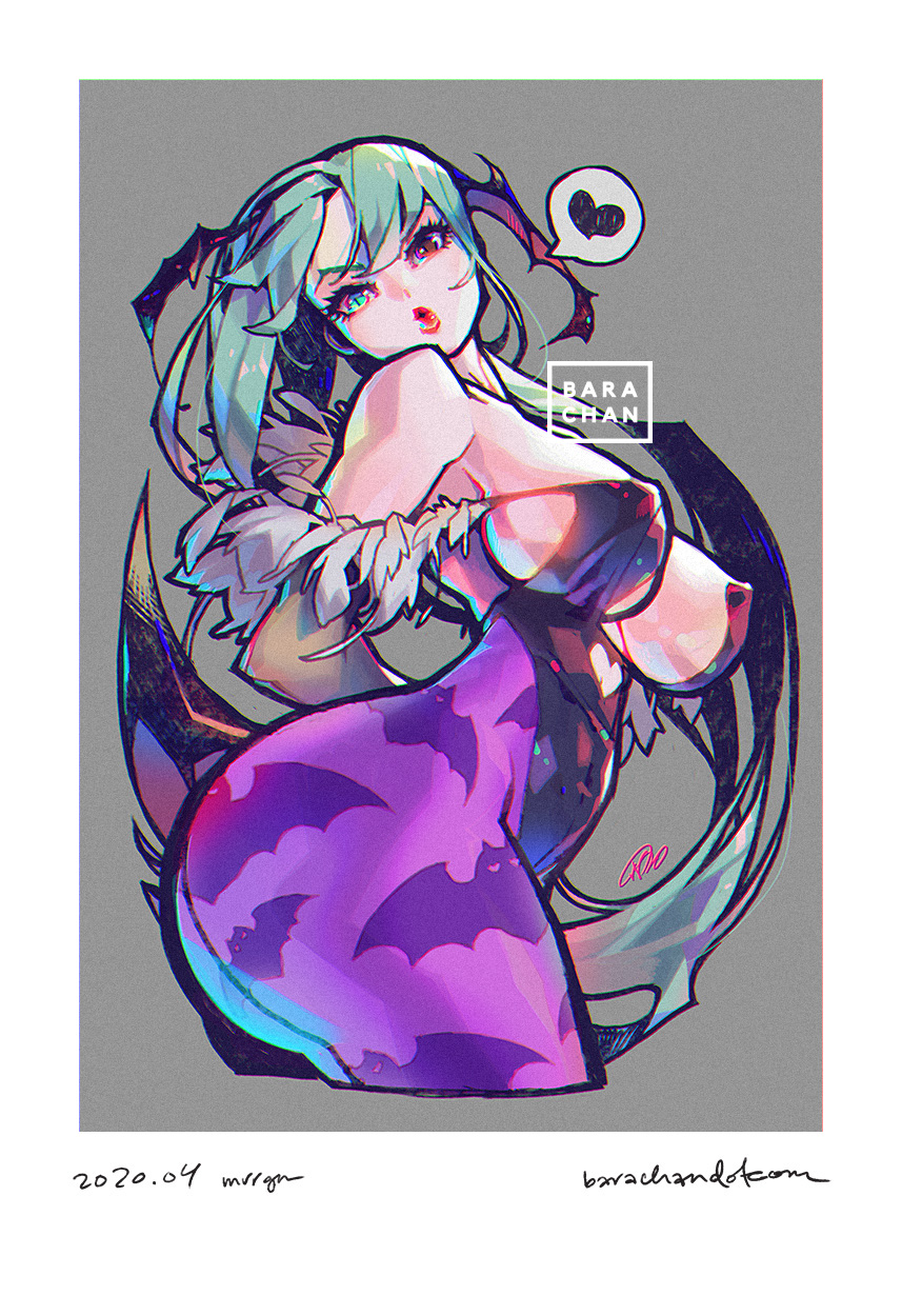 1girl, animal_print, barachan, bat_print, bat_wings, breasts, bridal_gauntlets, cleavage