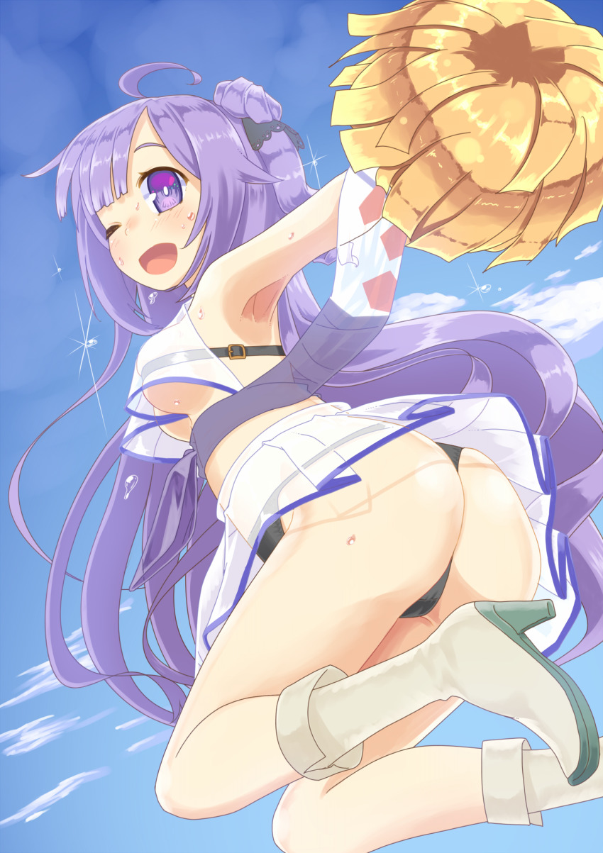 1girl, ;d, ahoge, armpits, ass, azur_lane, belt, black_panties