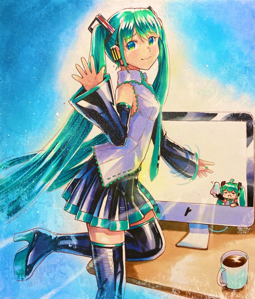 2girls, ahoge, aqua_eyes, aqua_hair, aqua_nails, aqua_neckwear, bare_shoulders, black_legwear