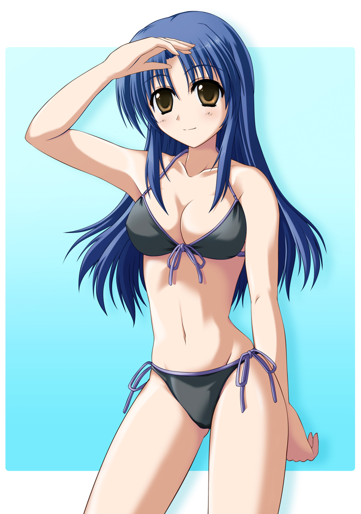 1girl, bad_id, bad_pixiv_id, bikini, black_bikini, blue_hair, breasts, brown_eyes, female_focus, front-tie_top, gradient_background, long_hair, mutsuki_aki, original, side-tie_bikini_bottom, solo, swimsuit