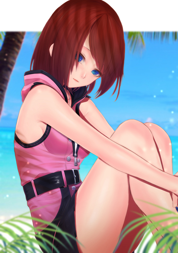 1girl, blue_eyes, blue_sky, blurry, blurry_background, breasts, brown_hair, closed_mouth