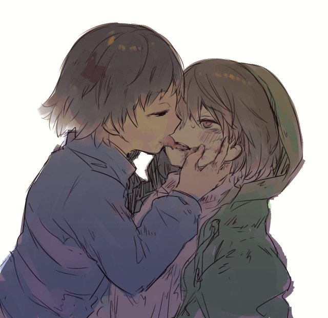 2others, androgynous, brown_hair, chara_(storyshift), chara_(undertale), closed_eyes, french_kiss, frisk_(undertale)