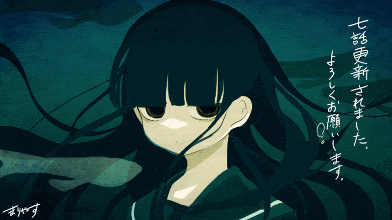 1girl, animated, animated_gif, black_eyes, black_hair, black_serafuku, blunt_bangs, bubble, closed_mouth, female_focus, fish, long_hair, looking_at_viewer, original, portrait, school_uniform, serafuku, signature, solo, translation_request, underwater, yasui_marie