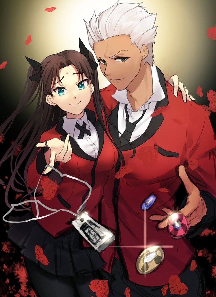 1boy, 1girl, archer_(fate), black_bow, black_pants, black_pantyhose, black_skirt, bow